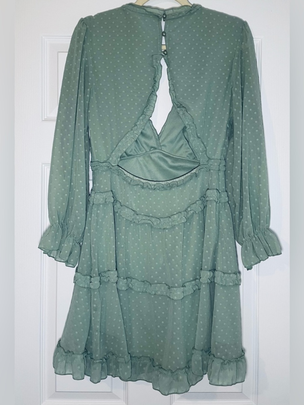 Green Long Sleeve Ruffle Layer Backless Mini Dress - Picture 8 of 9